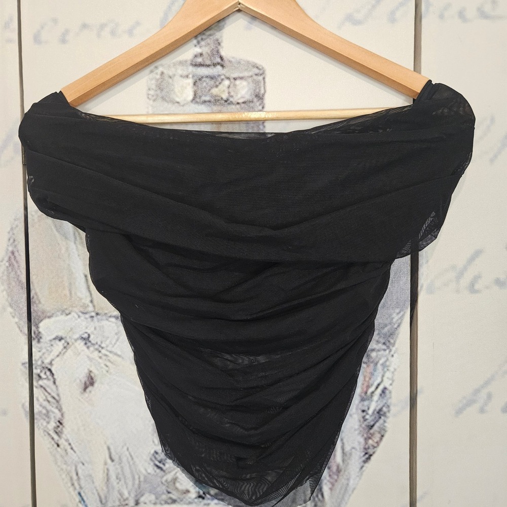 Alice + Olivia Black Ruched Mesh Off-the-Shoulder Top Womens Small NWT - Picture 2 of 7